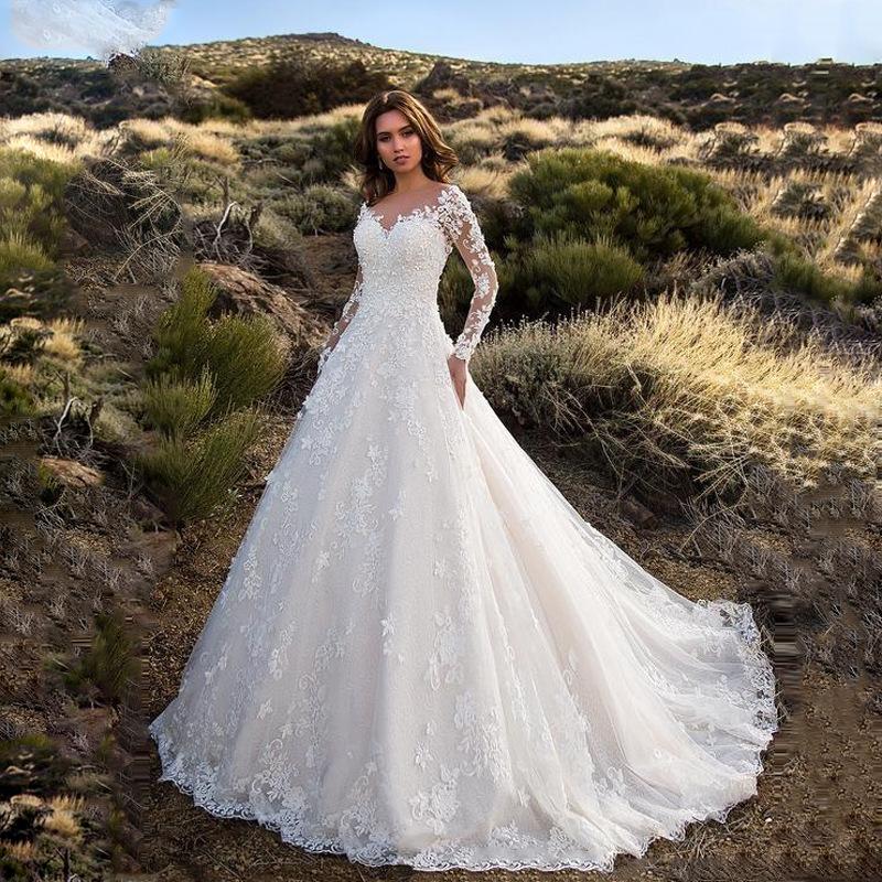 2024 New Arrival European and American Women's Clothing Dress Long Sleeve Solid Color See-through Lace Bridal Wedding Dress